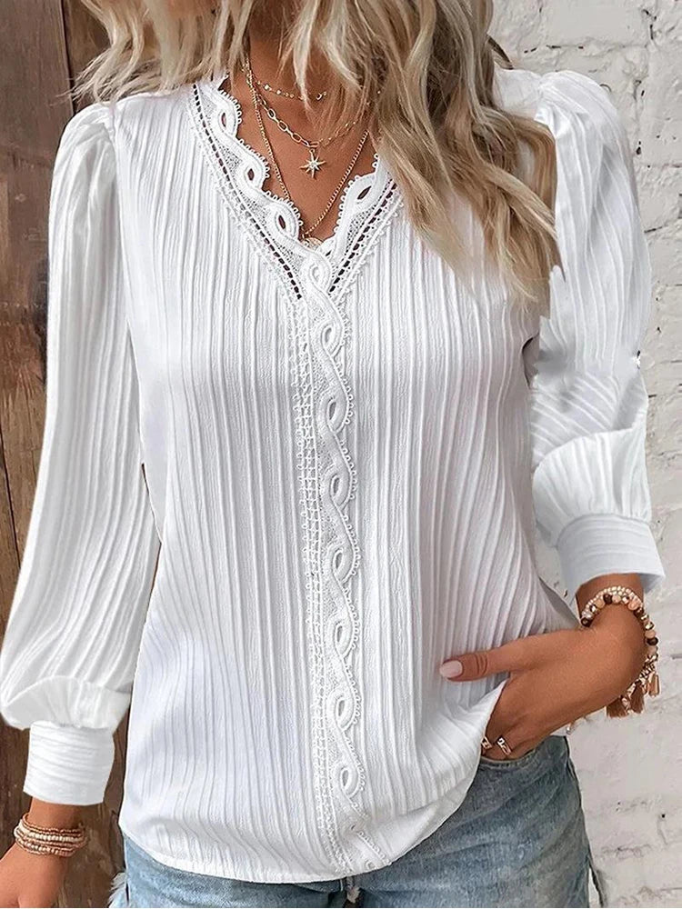 Women'S Lace Stitching Shirt Loose Stitching V-Neck Long Sleeve Pullover Chiffon Shirt Fall Top Simple Elegant Street Blouse