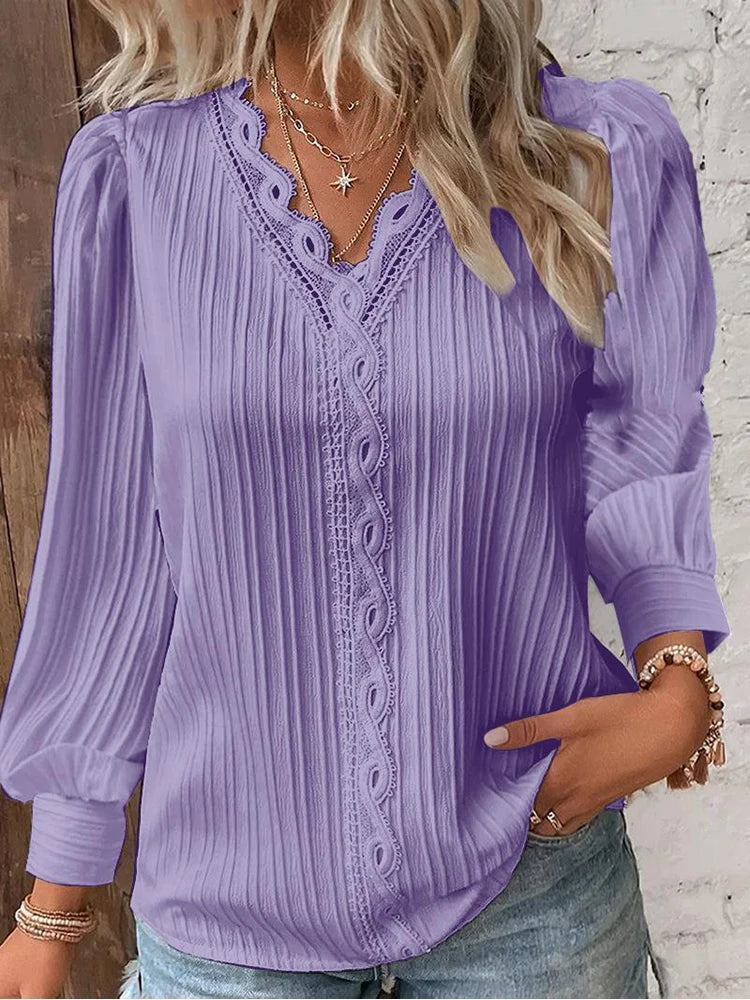 Women'S Lace Stitching Shirt Loose Stitching V-Neck Long Sleeve Pullover Chiffon Shirt Fall Top Simple Elegant Street Blouse
