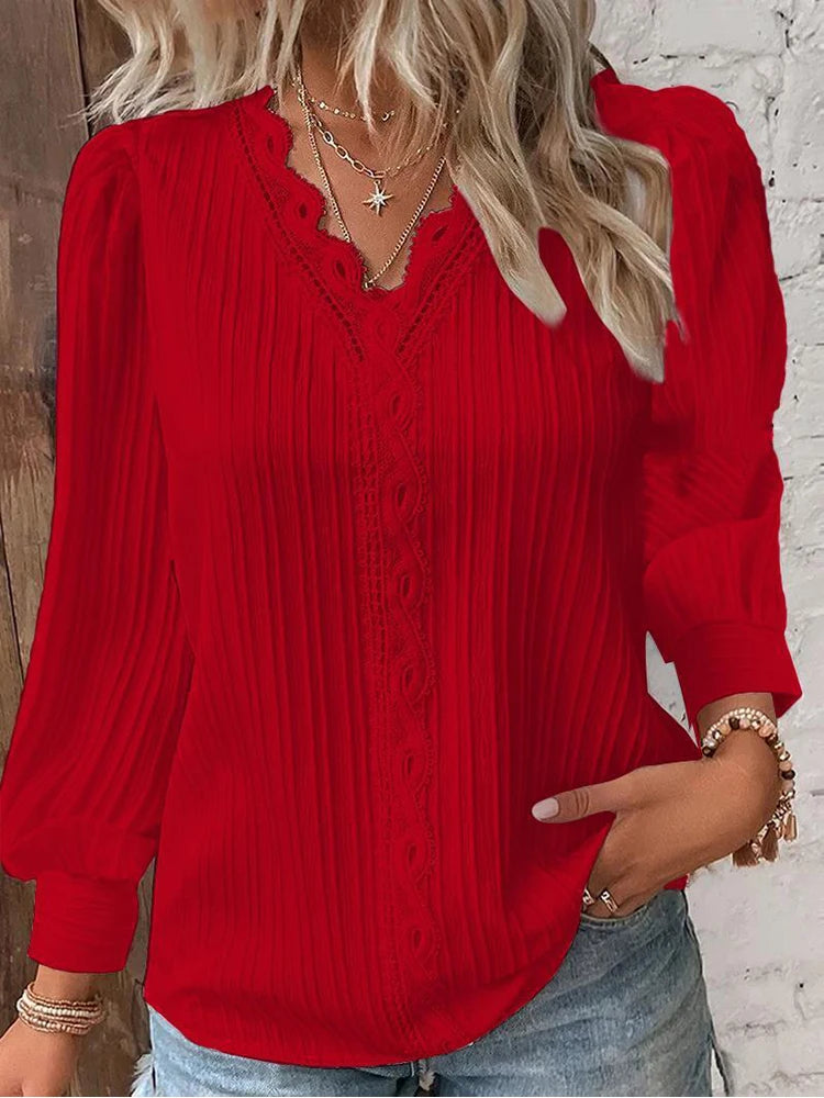 Women'S Lace Stitching Shirt Loose Stitching V-Neck Long Sleeve Pullover Chiffon Shirt Fall Top Simple Elegant Street Blouse