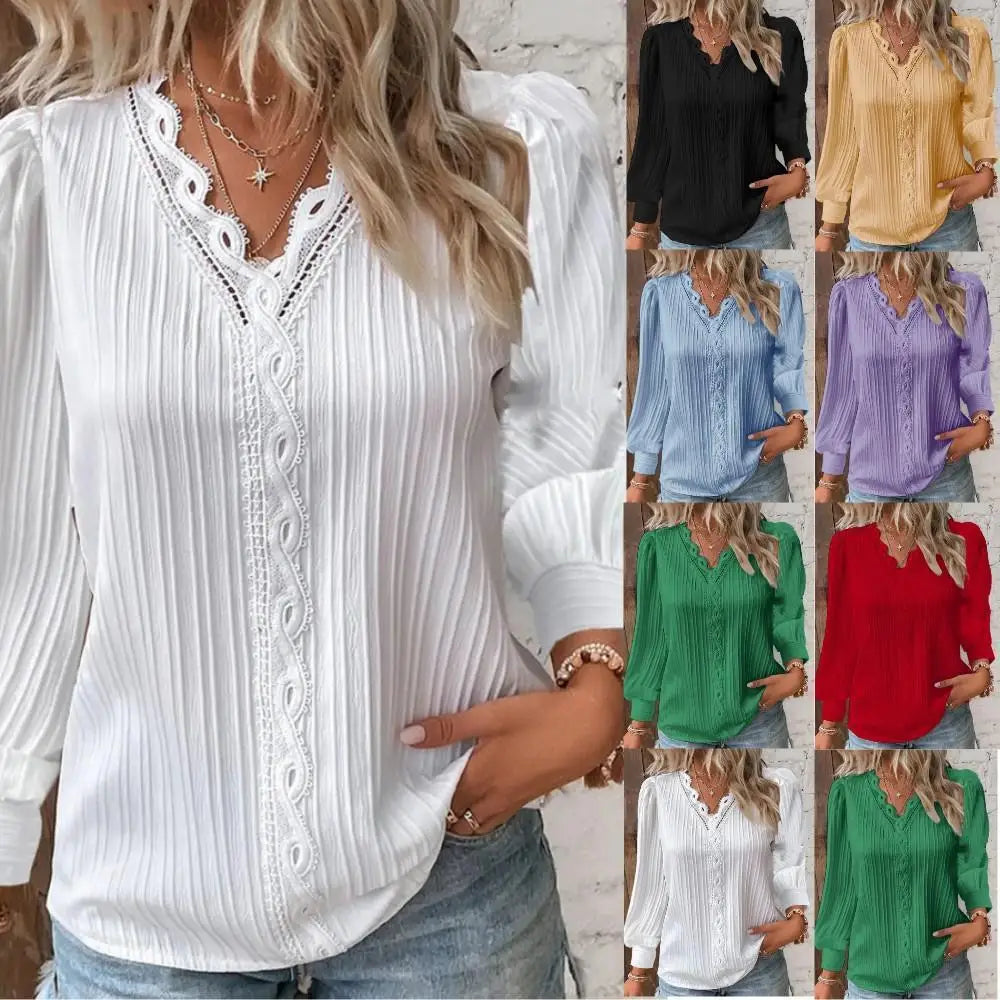 Women'S Lace Stitching Shirt Loose Stitching V-Neck Long Sleeve Pullover Chiffon Shirt Fall Top Simple Elegant Street Blouse